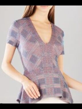 BCBG Lavender and Pink Plaid V-Neck Peplum Top